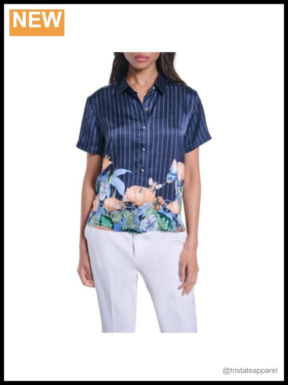 Striped Short Sleeve Collared Button-Down Blouse